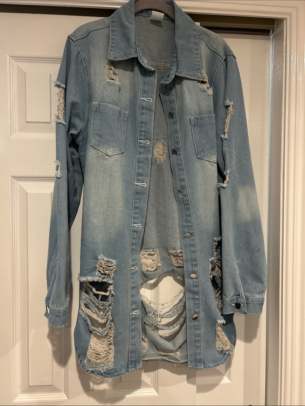Light Wash Distressed Denim Shacket